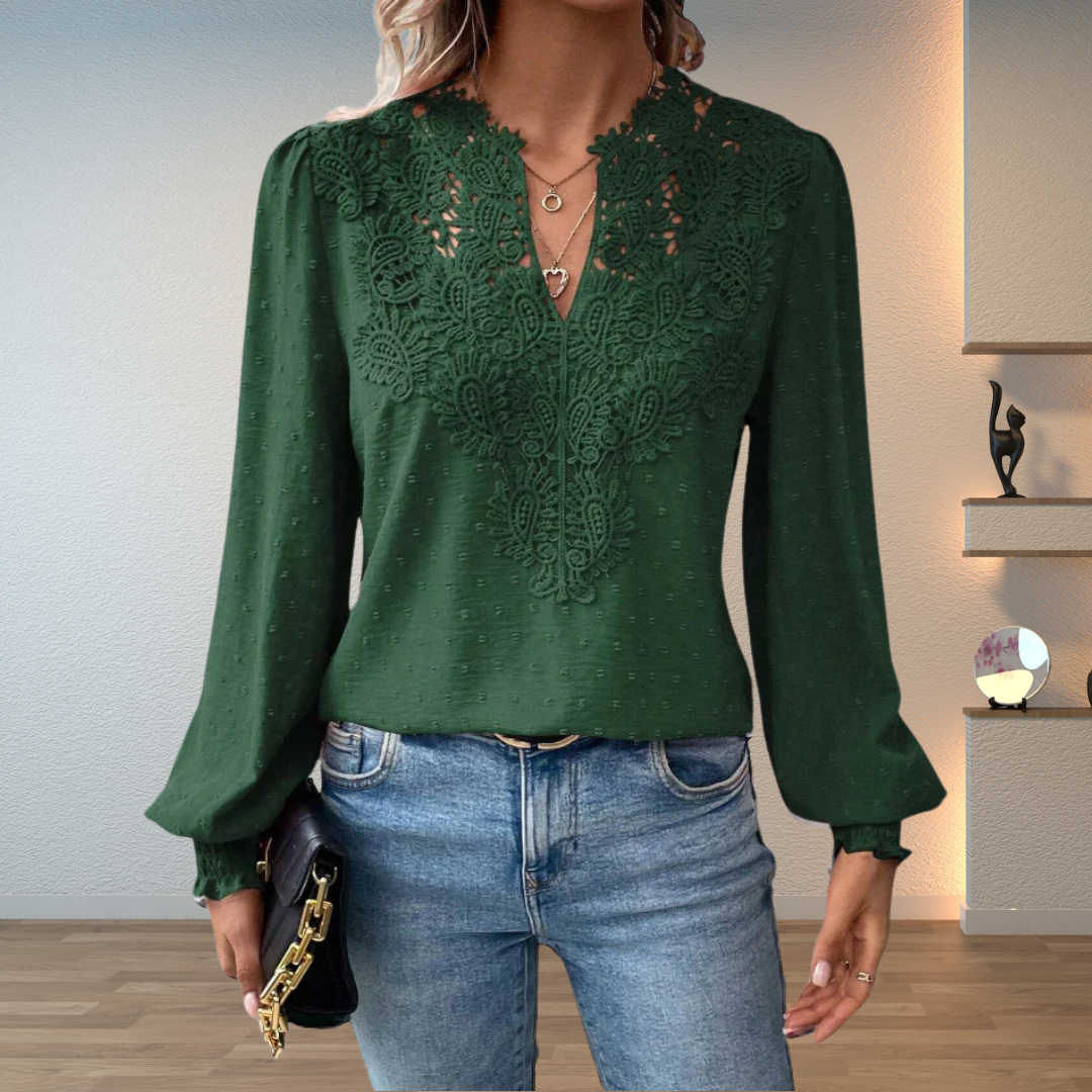 Women's Textured V-Neck Blouse - Dark Green