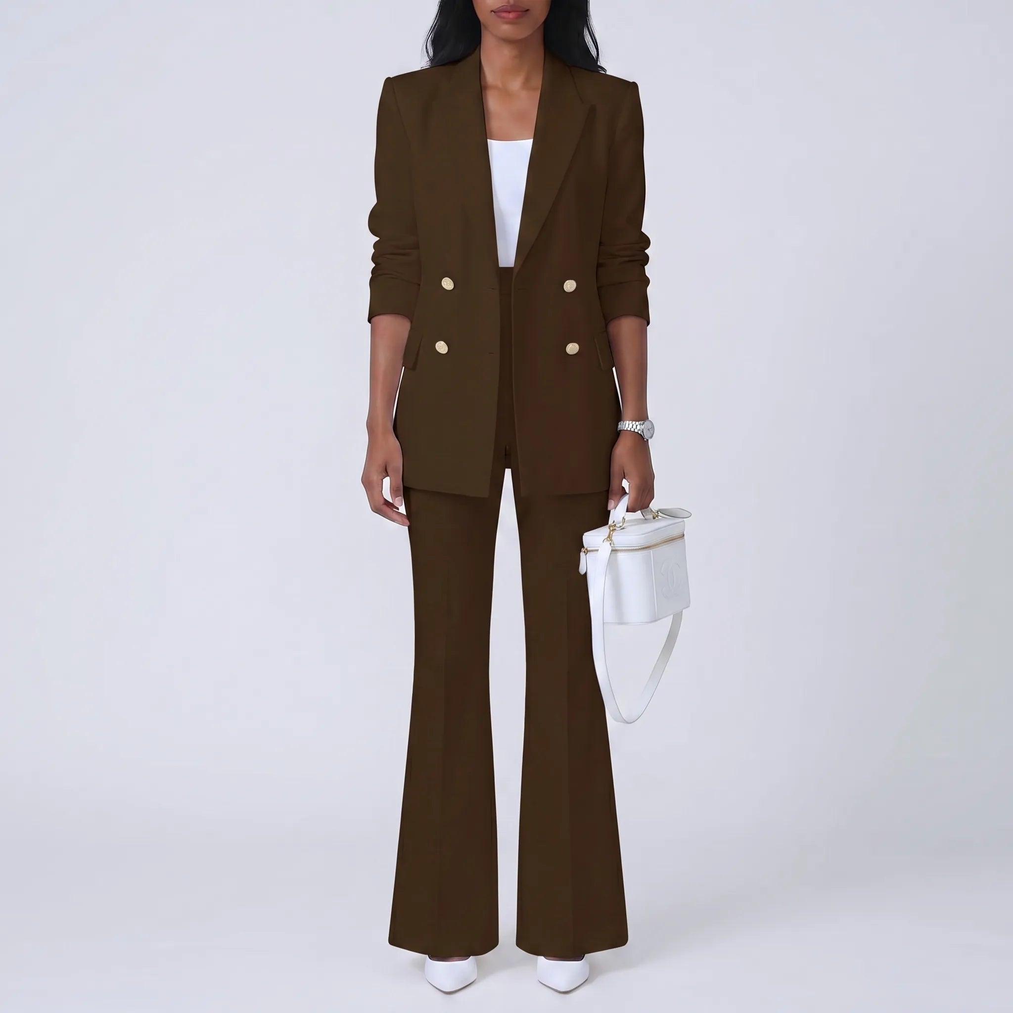 Women's Double Breasted Blazer and Flare Pants 2 Piece Suit Set