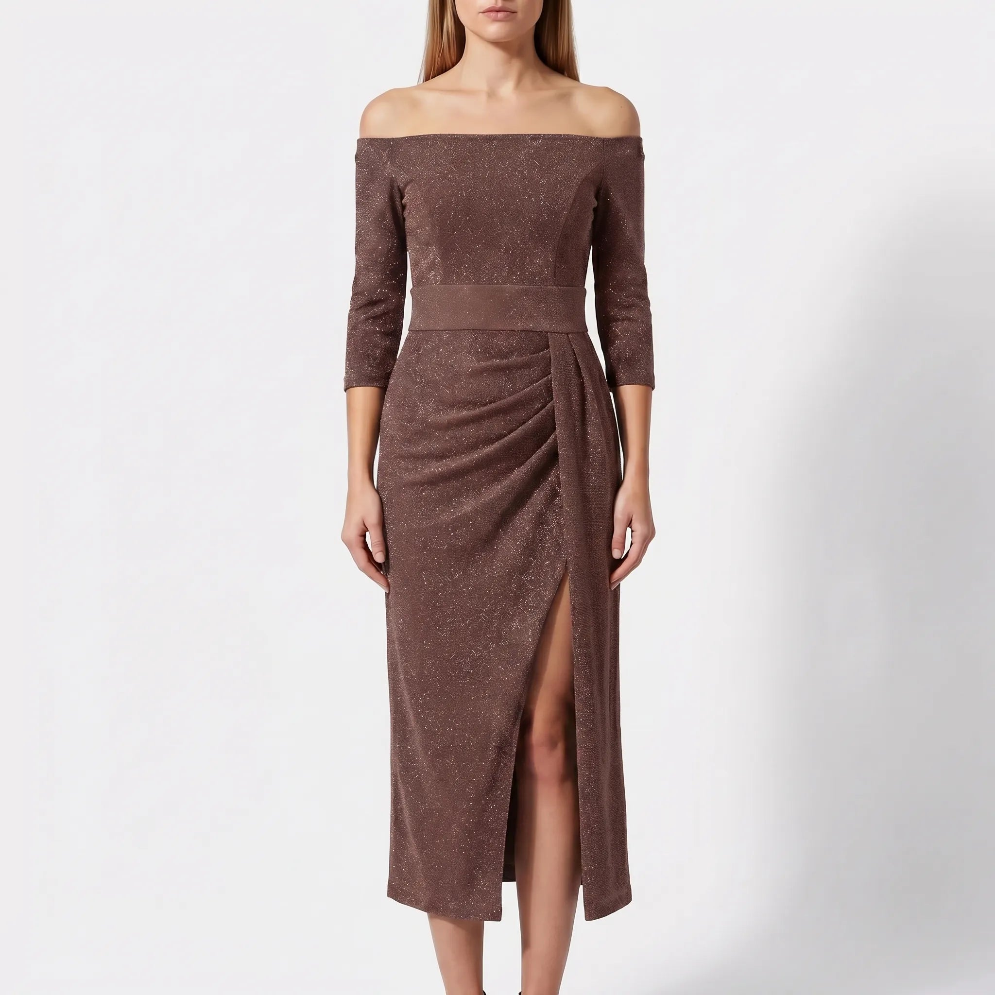 Women's Off Shoulder Midi Dress - Shimmer Bodycon for Evening