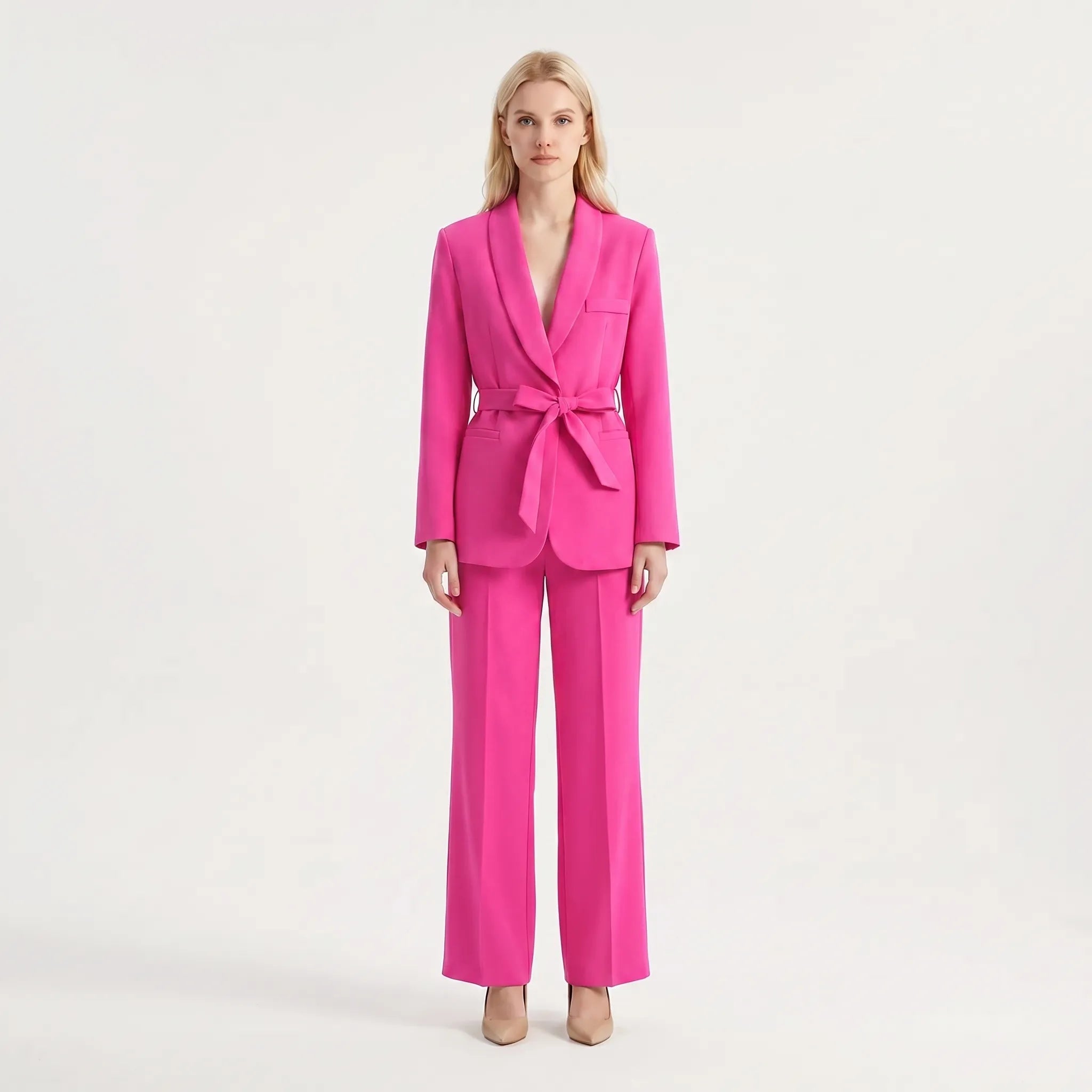 Women's Belted Blazer and Wide Leg Pants 2 Piece Suit Set