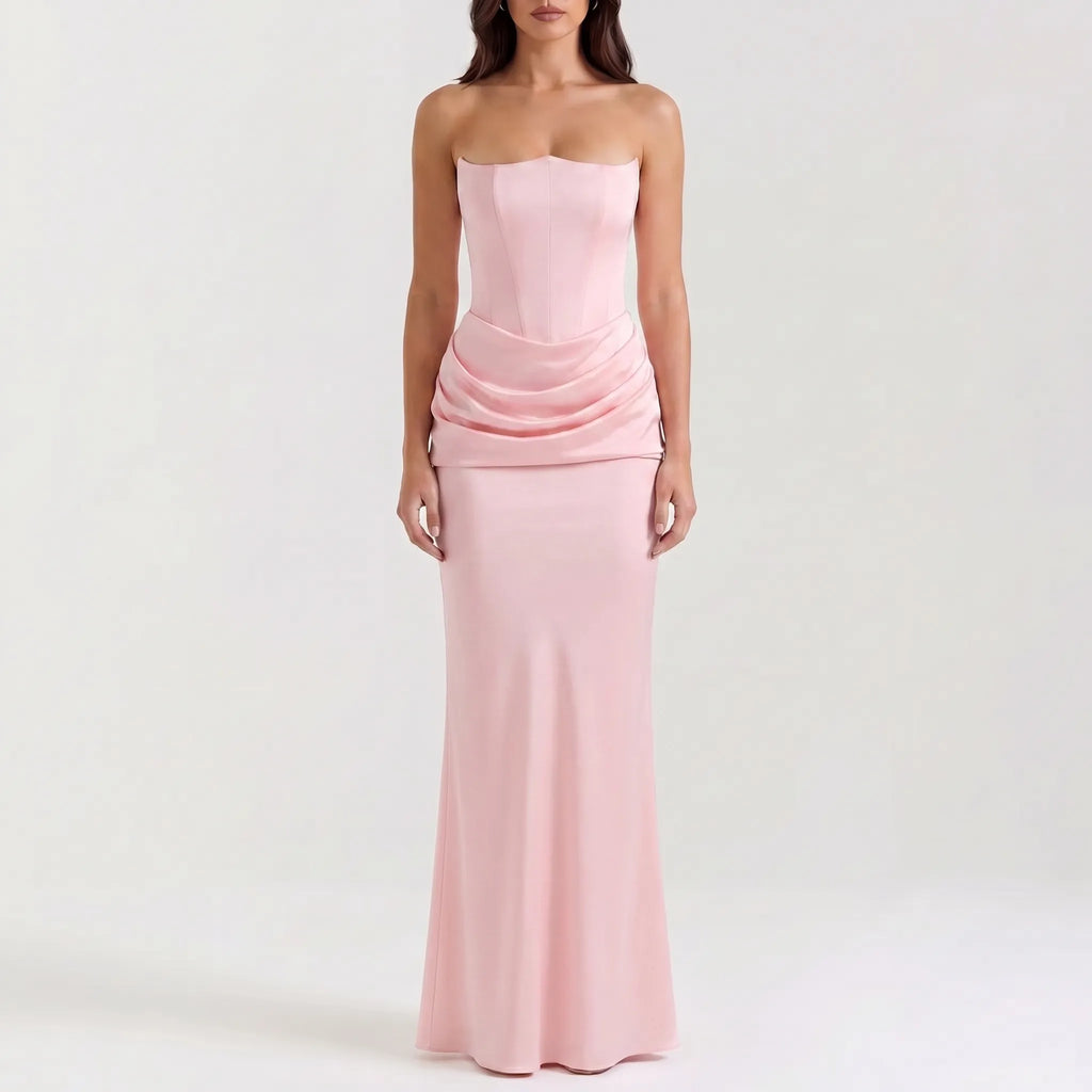 Women's Strapless Maxi Dress - Elegant Draped for Occasions