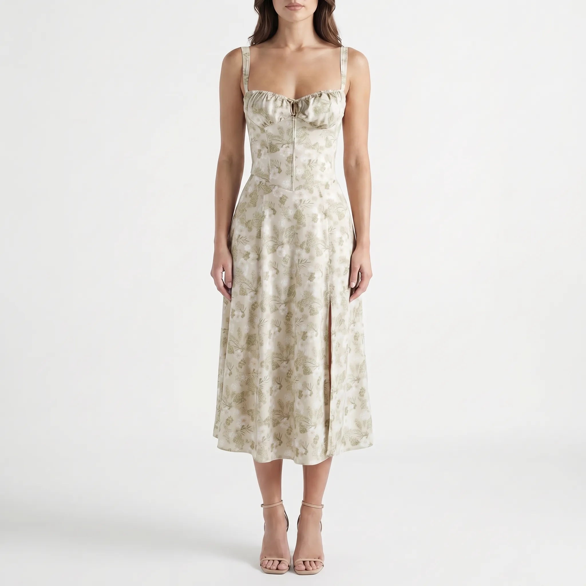Women's Floral Corset Midi Dress - Summer Sundress with Slit