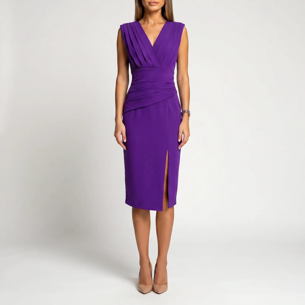 Women's V Neck Midi Dress - Formal Cocktail Party with Slit