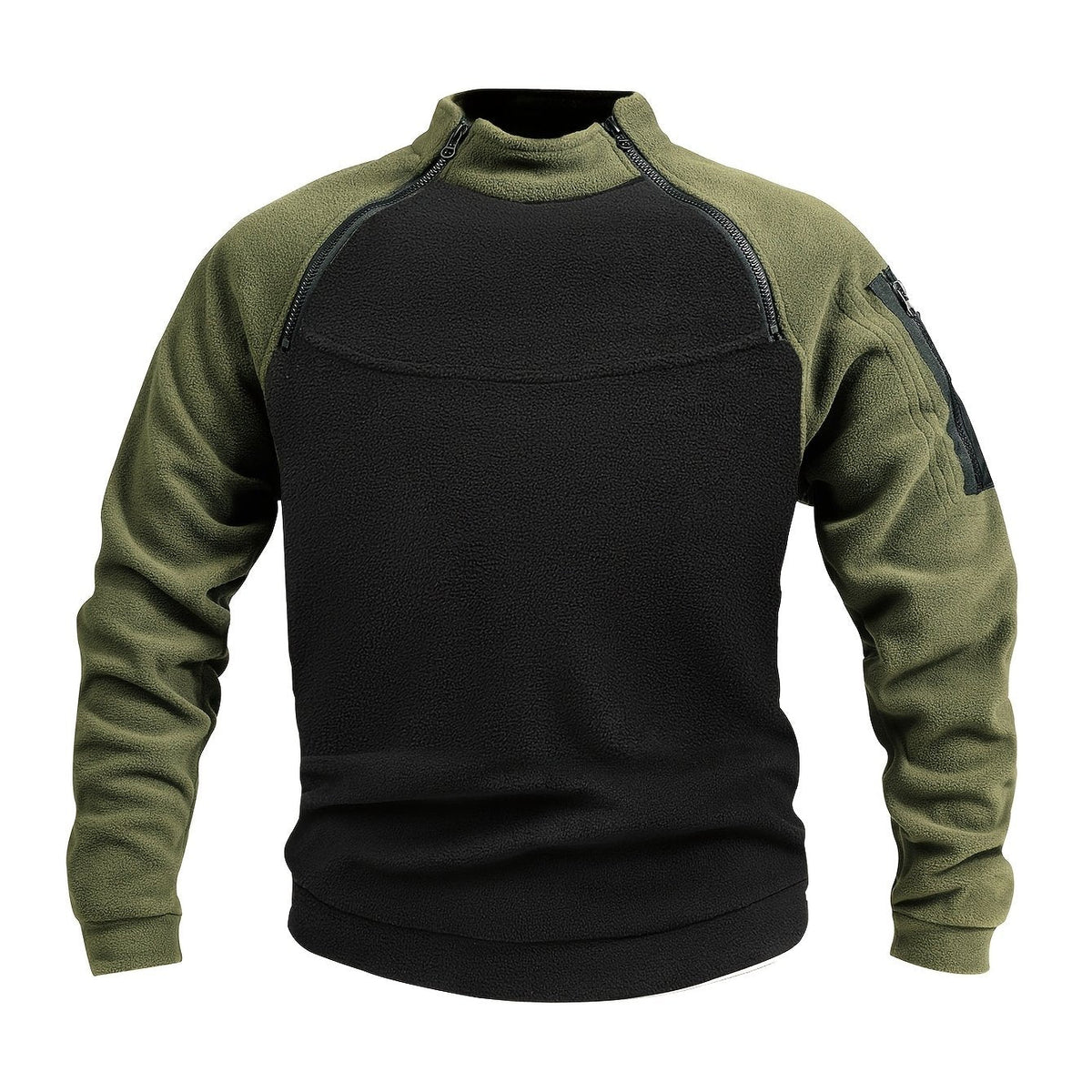 Women's Plush Mock Neck Zip Detail Pullover - Black With Green