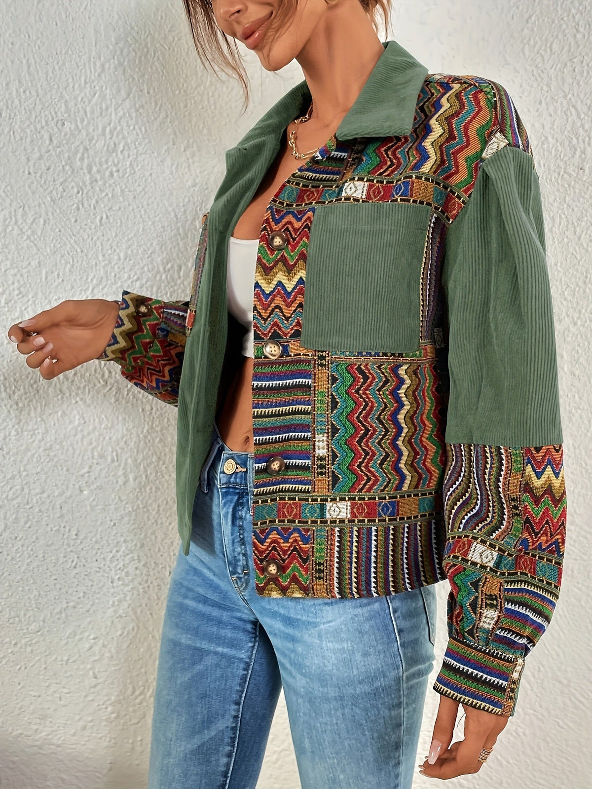 Women's Relaxed Fit Patchwork Button-Front Jacket