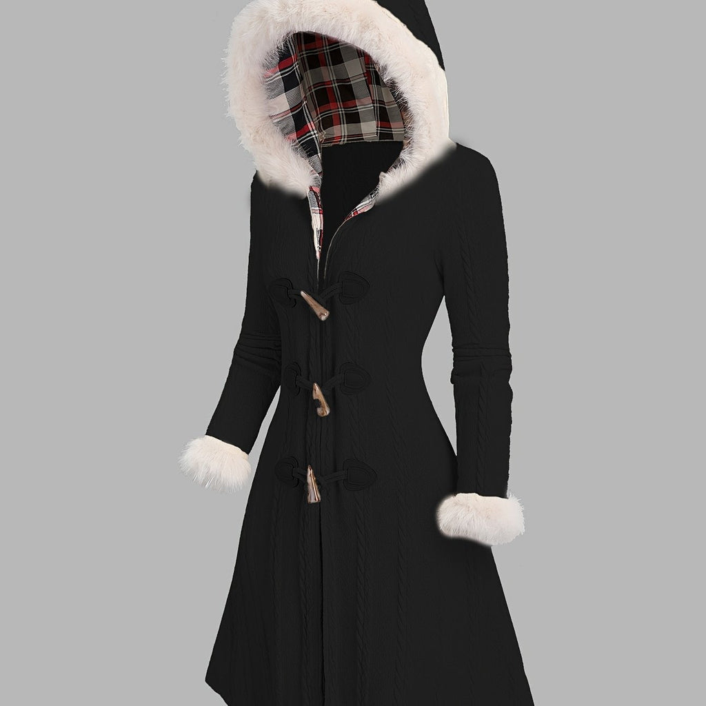 Women's Fur-Trimmed Hood Toggle Longline Coat - Black