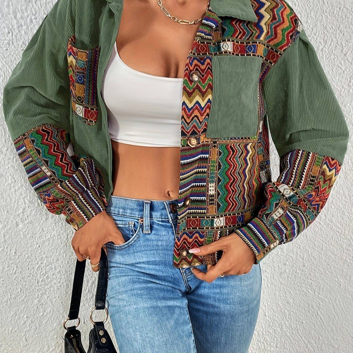 Women's Relaxed Fit Patchwork Button-Front Jacket - Green