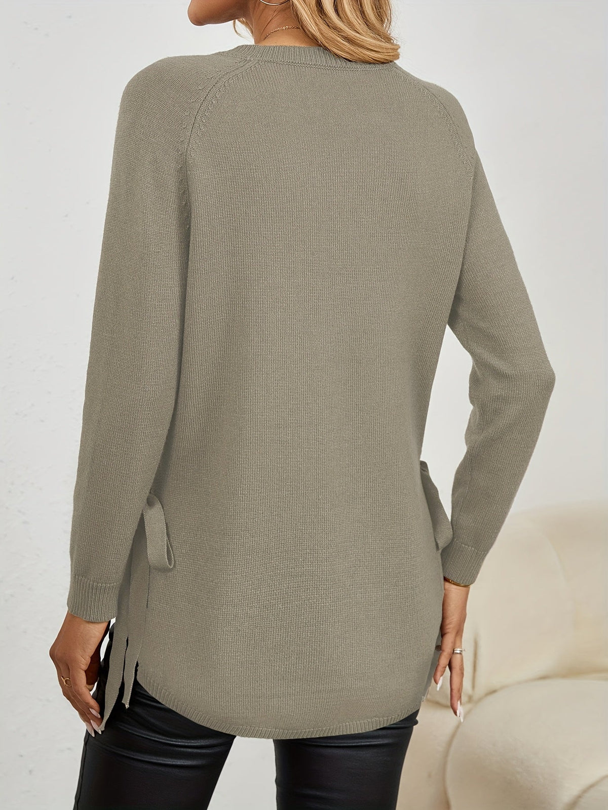 Women's Relaxed Longline Round Neck Sweater with Side Slits