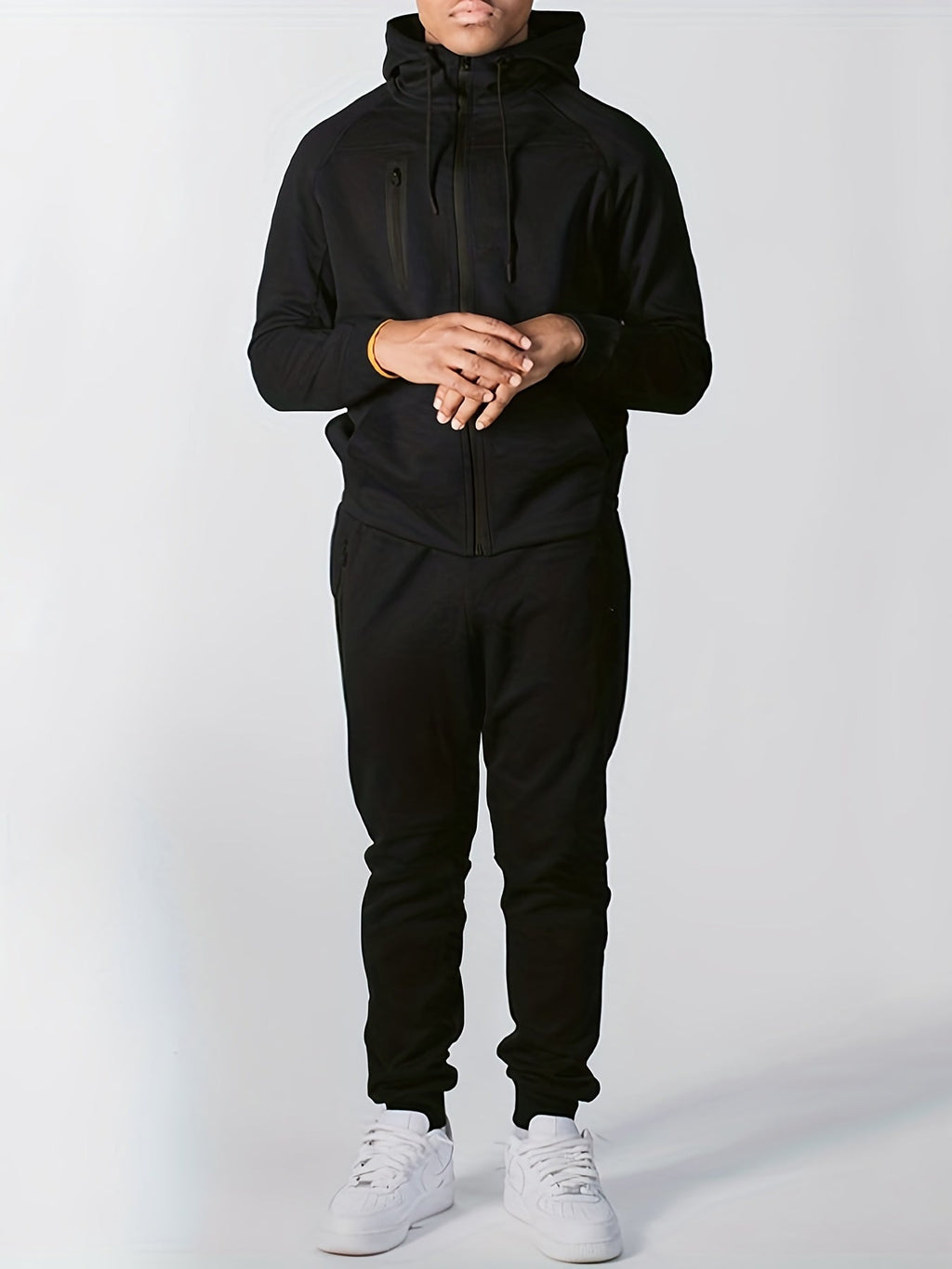 Men's Loose Fit Hooded Tracksuit Two-Piece Set - Black