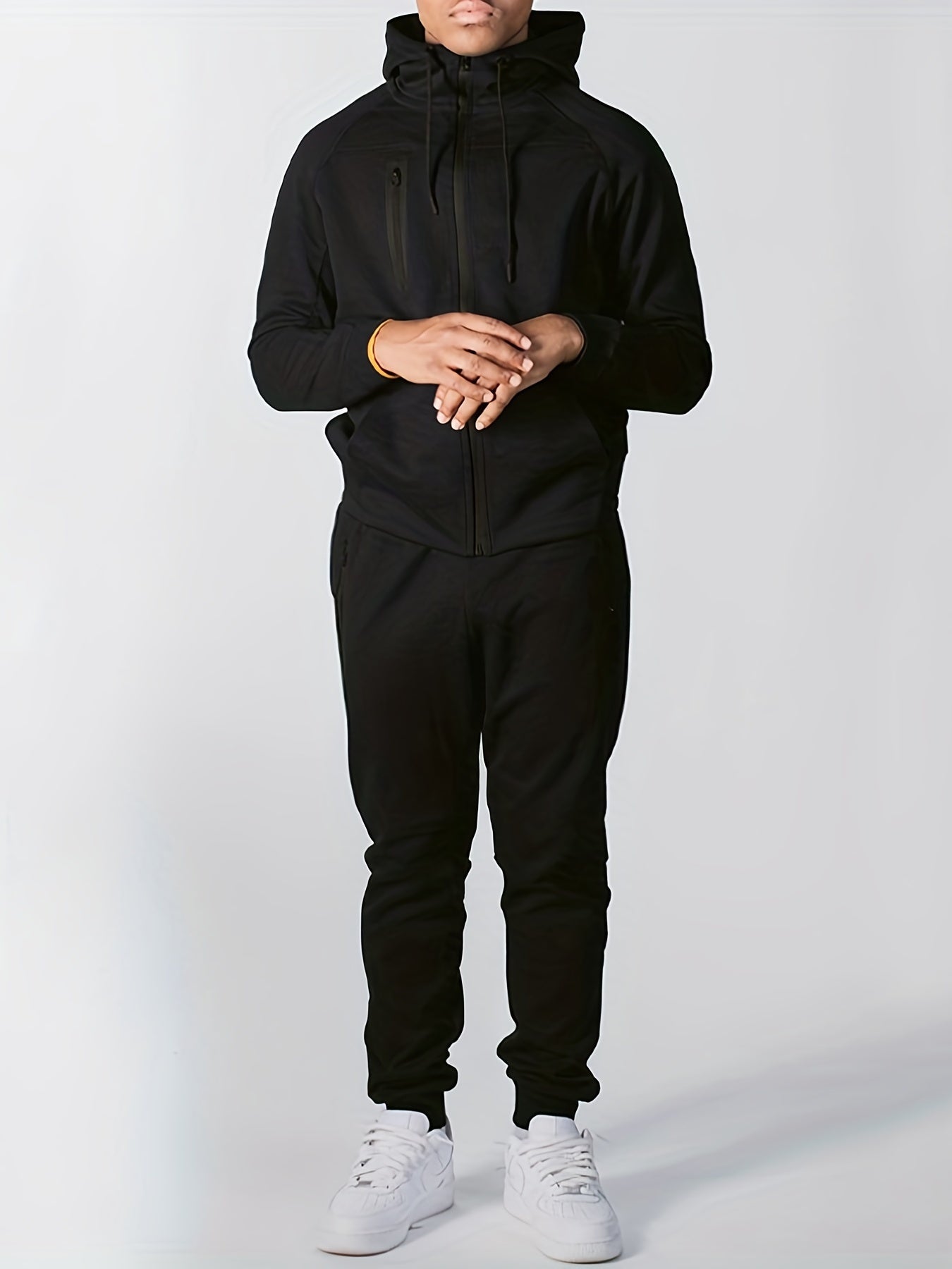 Men's Loose Fit Hooded Tracksuit Two-Piece Set - Black