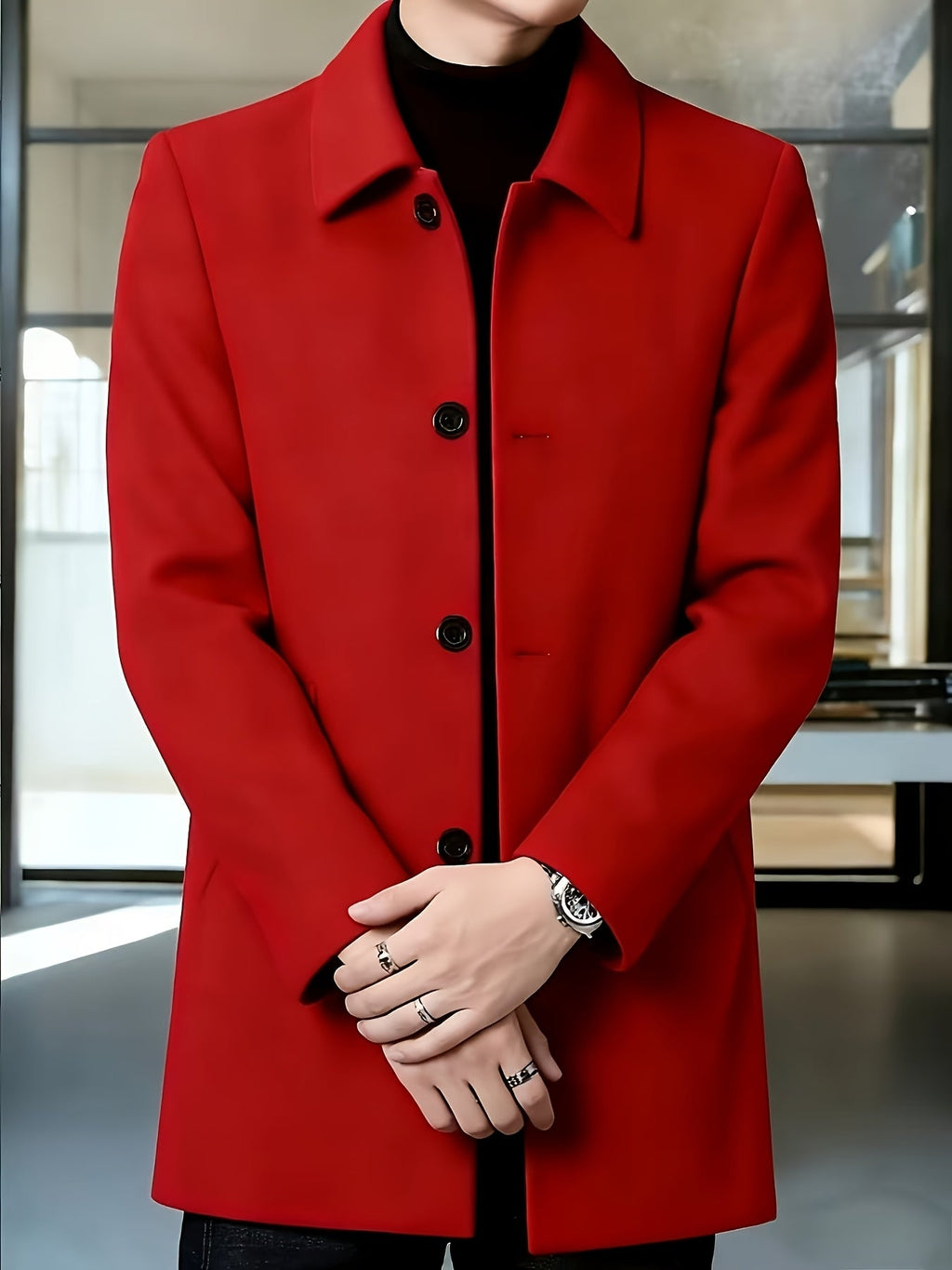 Men's Refined Single-Breasted Overcoat with Side Pockets