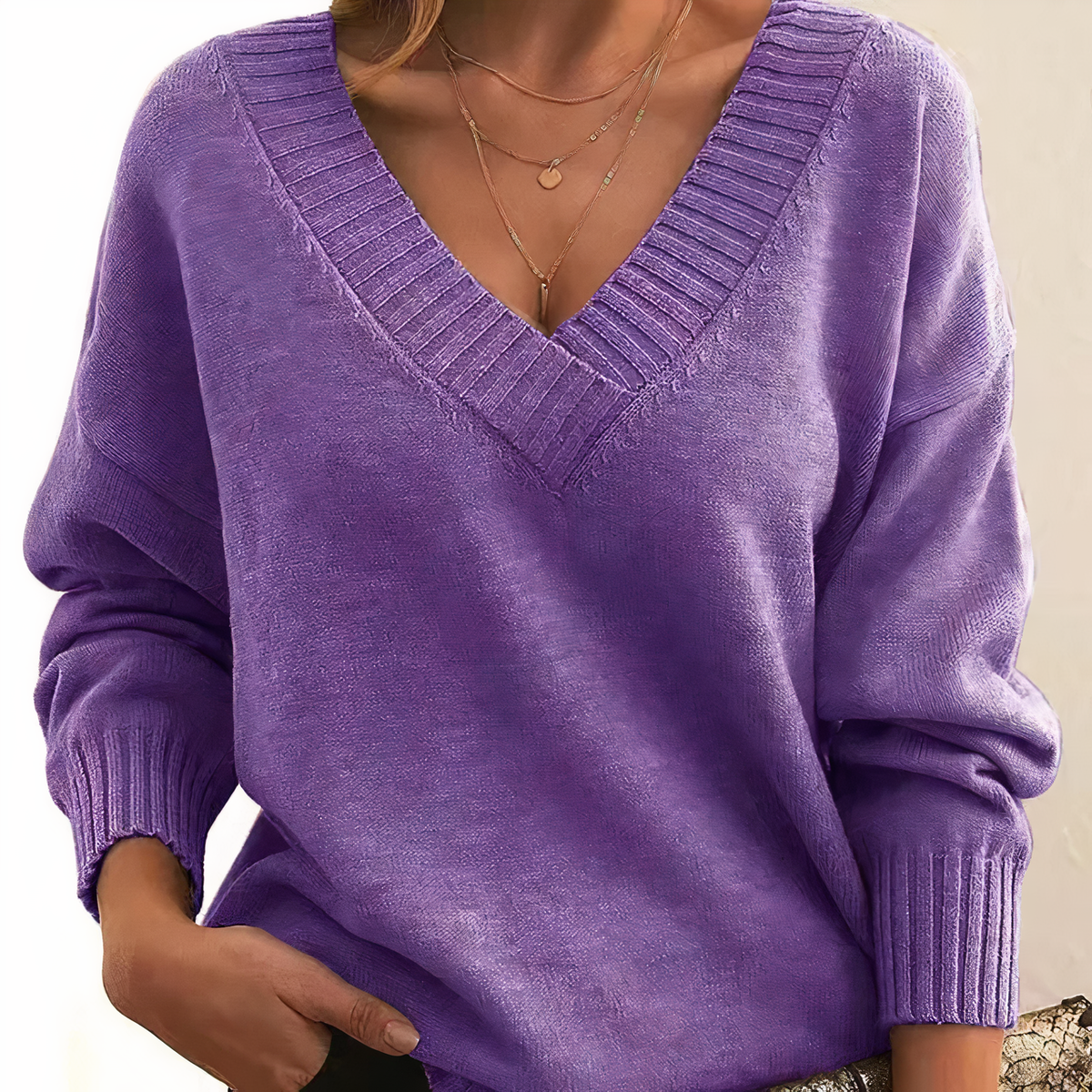 Women's Soft Knit V-Neck Balloon-Sleeve Sweater - Purple