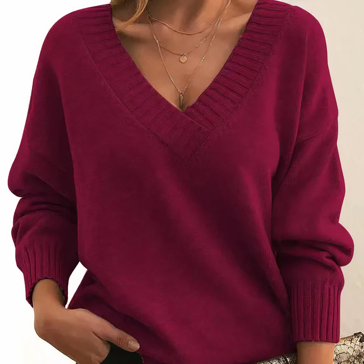 Women's Soft Knit V-Neck Balloon-Sleeve Sweater - Red