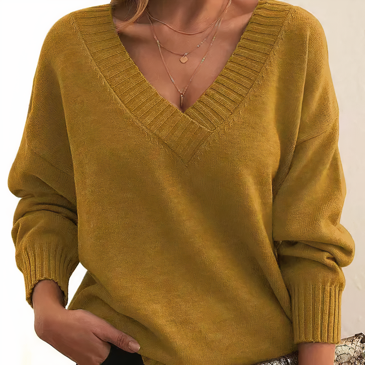 Women's Soft Knit V-Neck Balloon-Sleeve Sweater - Mustard Yellow