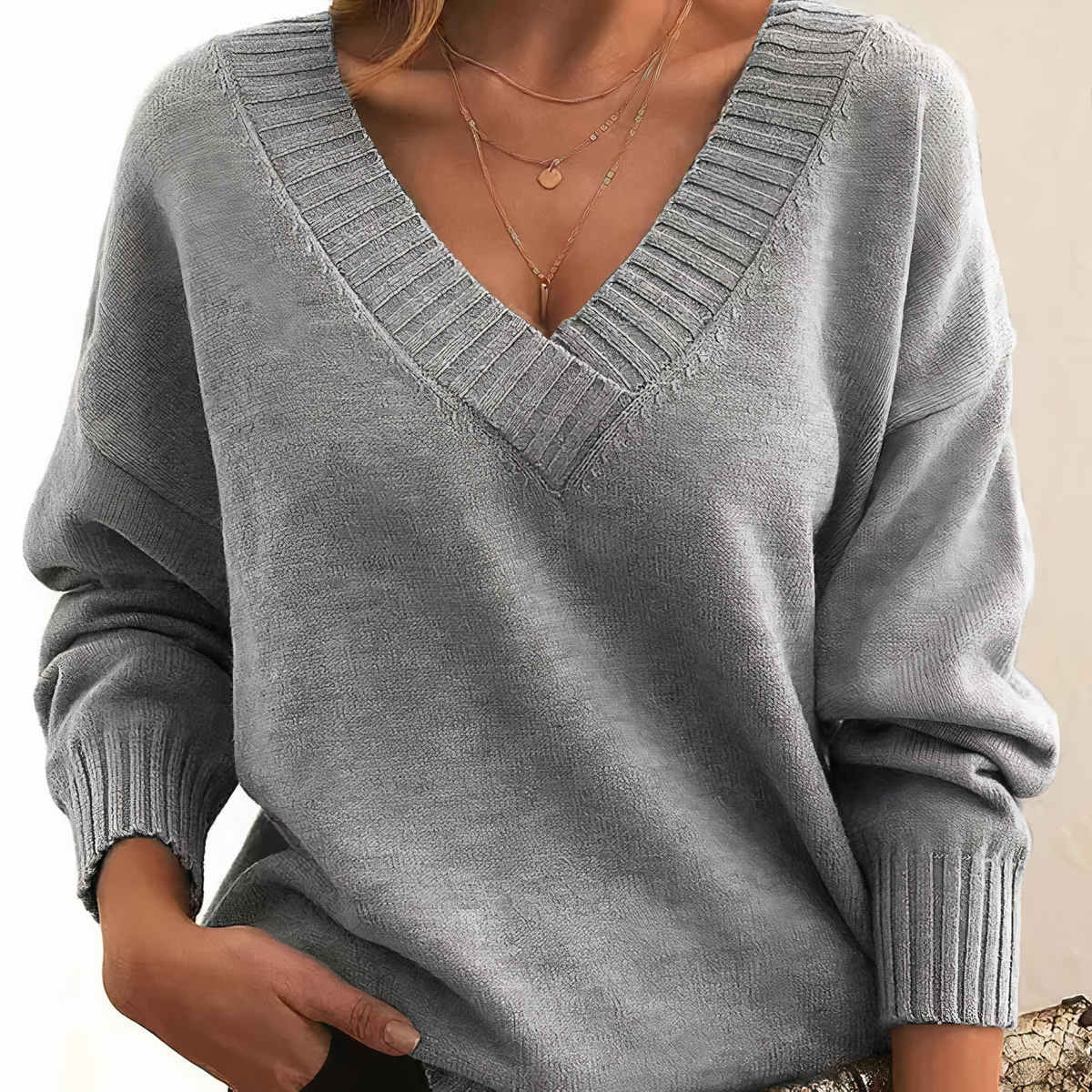 Women's Soft Knit V-Neck Balloon-Sleeve Sweater - Gray