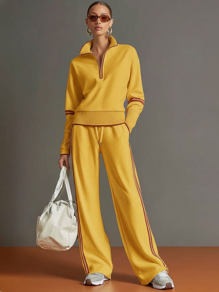 Women's Soft Stretch Half-Zip Wide-Leg Lounge Set - Mustard Yellow