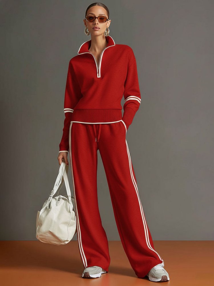 Women's Soft Stretch Half-Zip Wide-Leg Lounge Set - Red