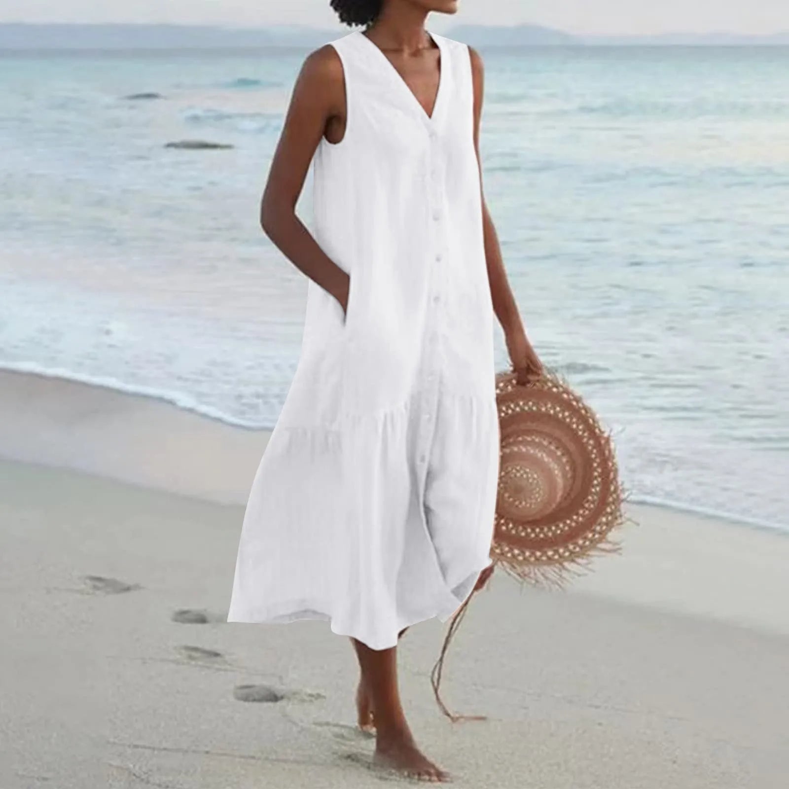 Women's V-Neck Sleeveless Summer Midi Dress