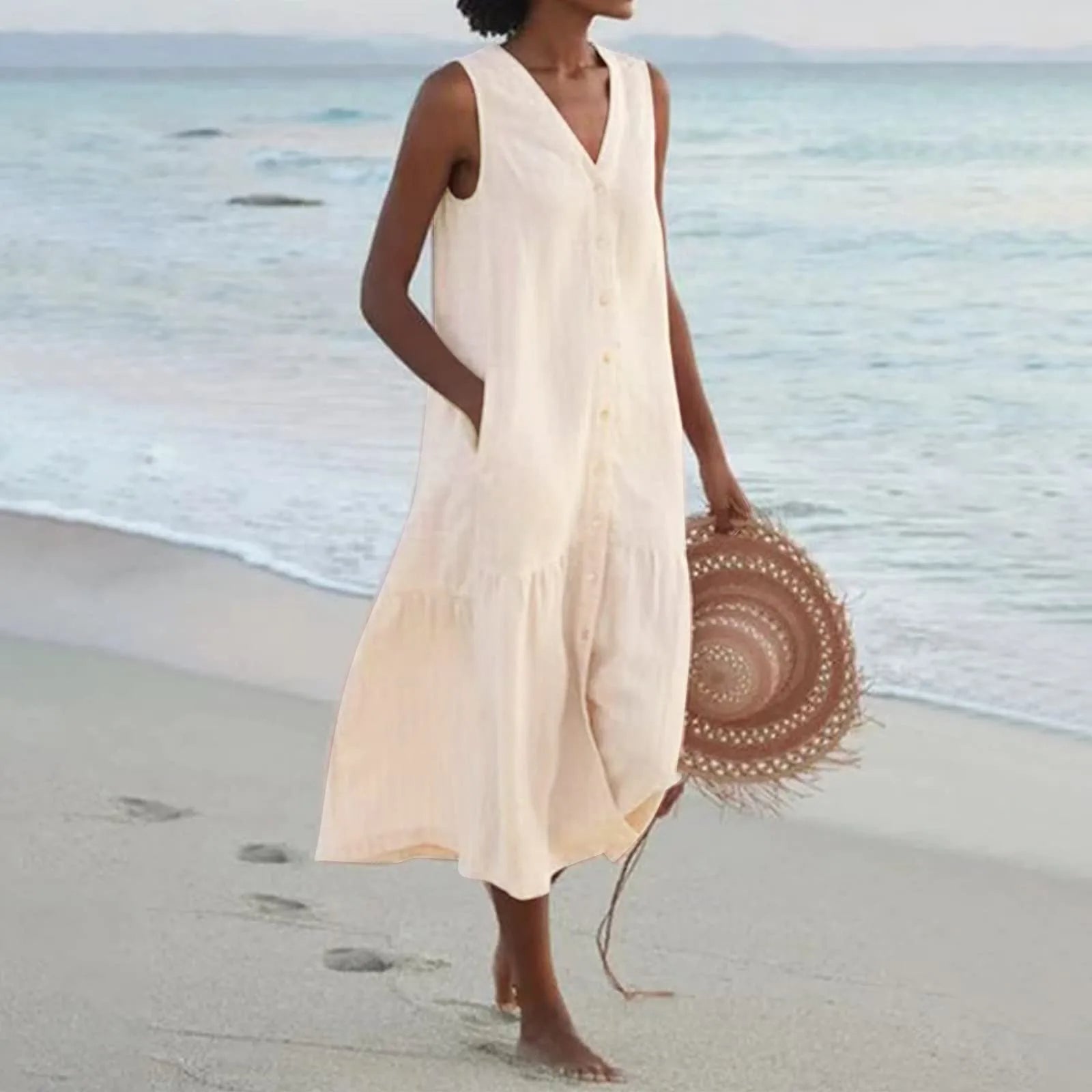 Women's V-Neck Sleeveless Summer Midi Dress