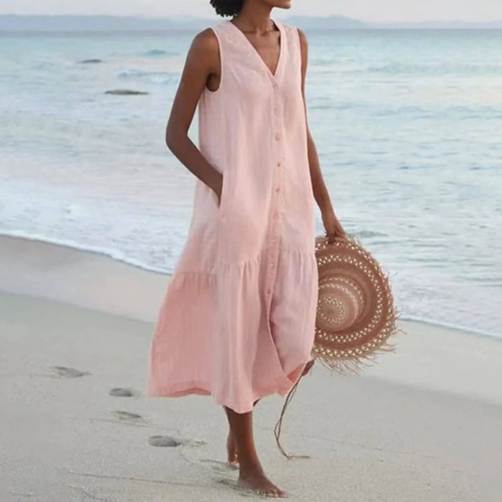 Women's V-Neck Sleeveless Summer Midi Dress