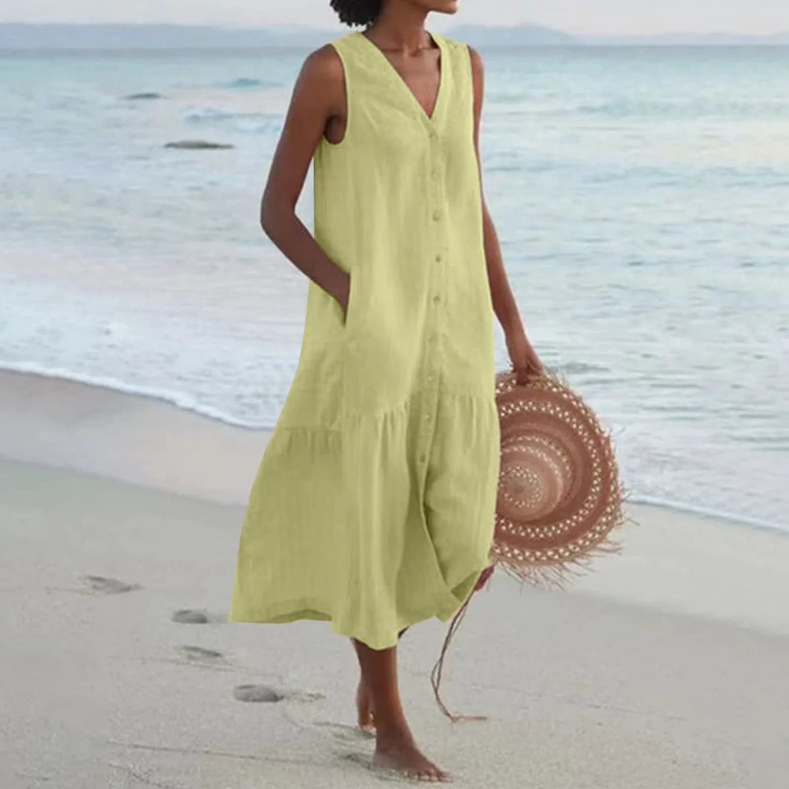 Women's V-Neck Sleeveless Summer Midi Dress