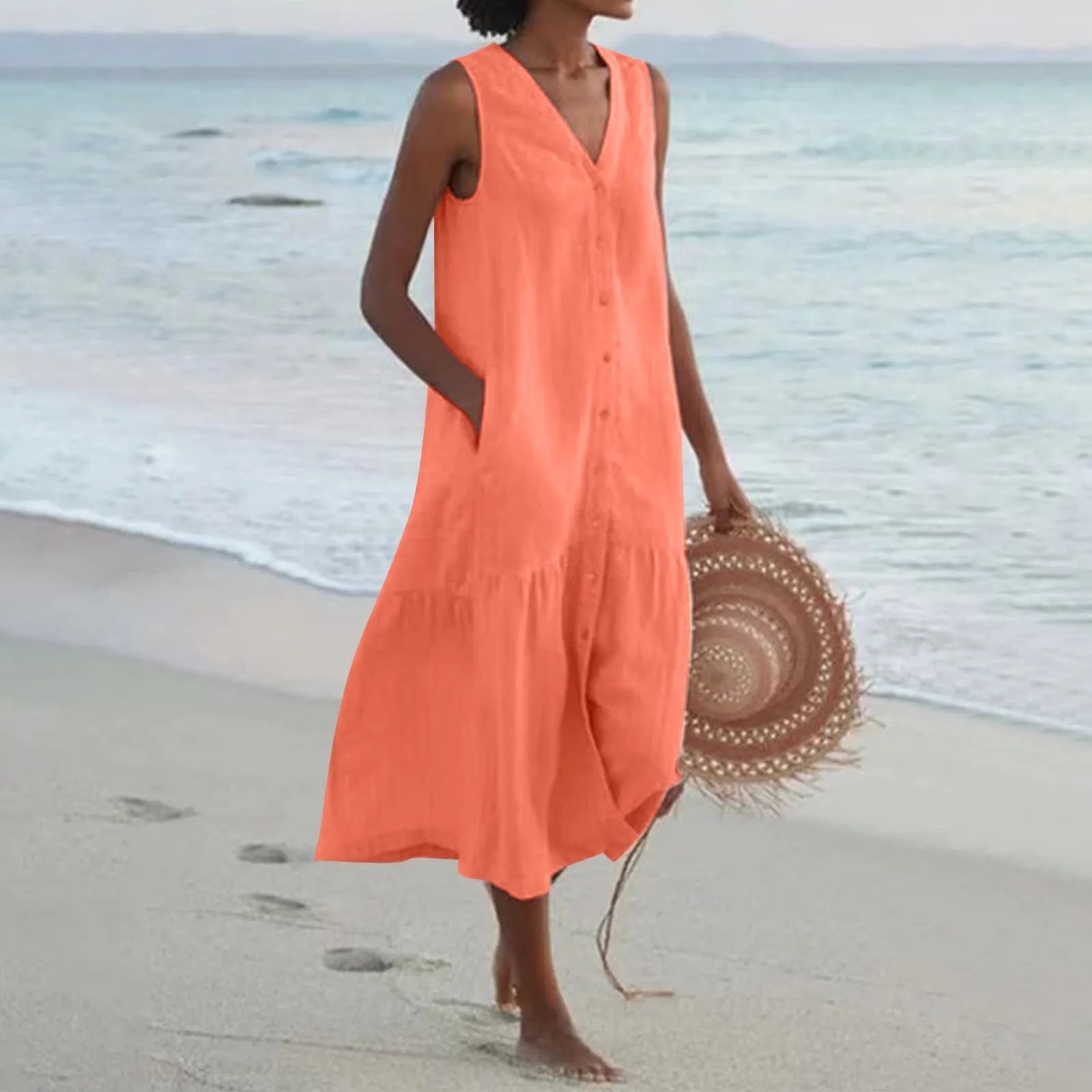 Women's V-Neck Sleeveless Summer Midi Dress