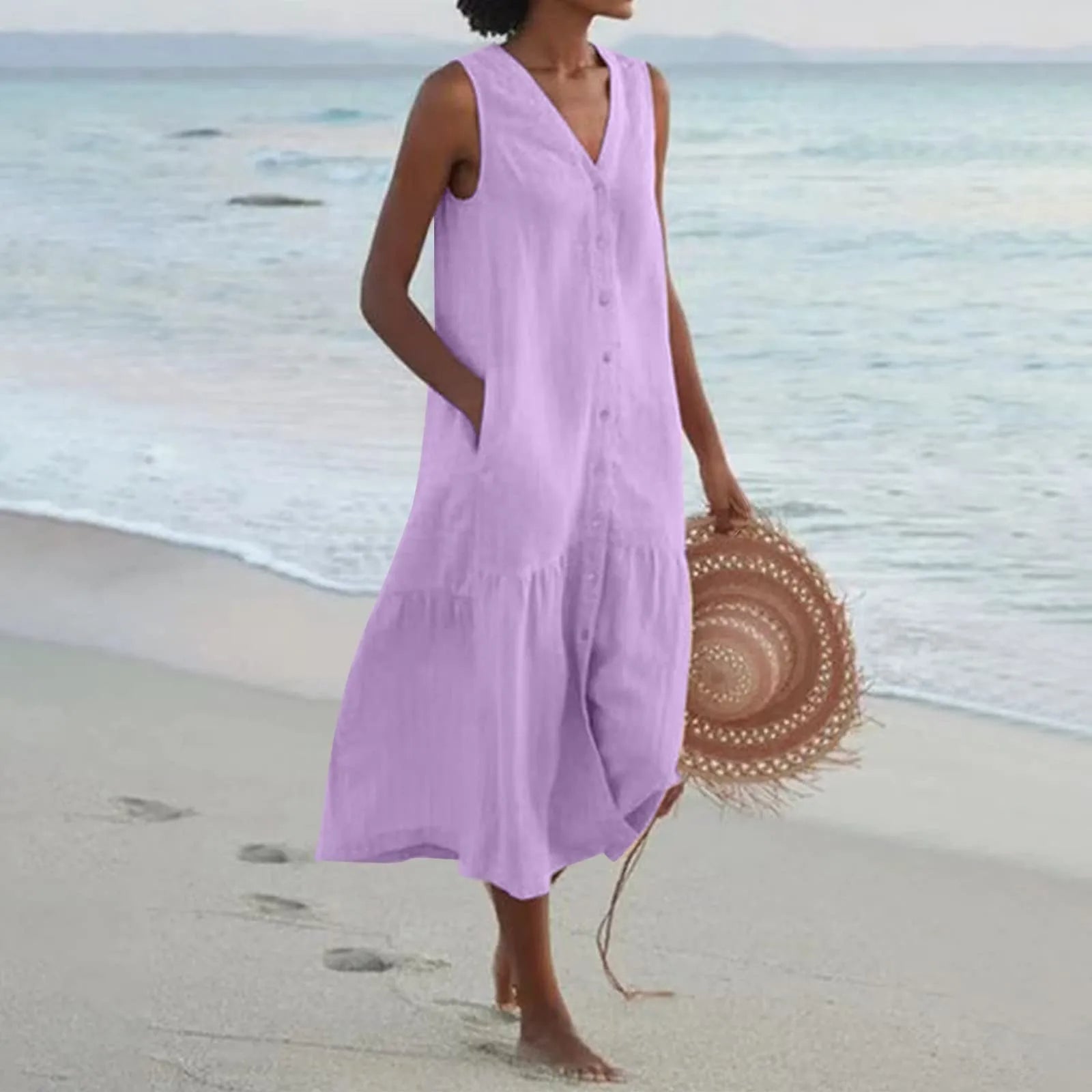 Women's V-Neck Sleeveless Summer Midi Dress