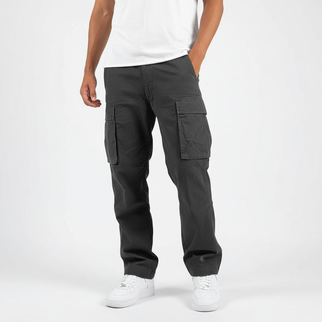 Men's Relaxed-Fit Cotton Cargo Trousers - Black