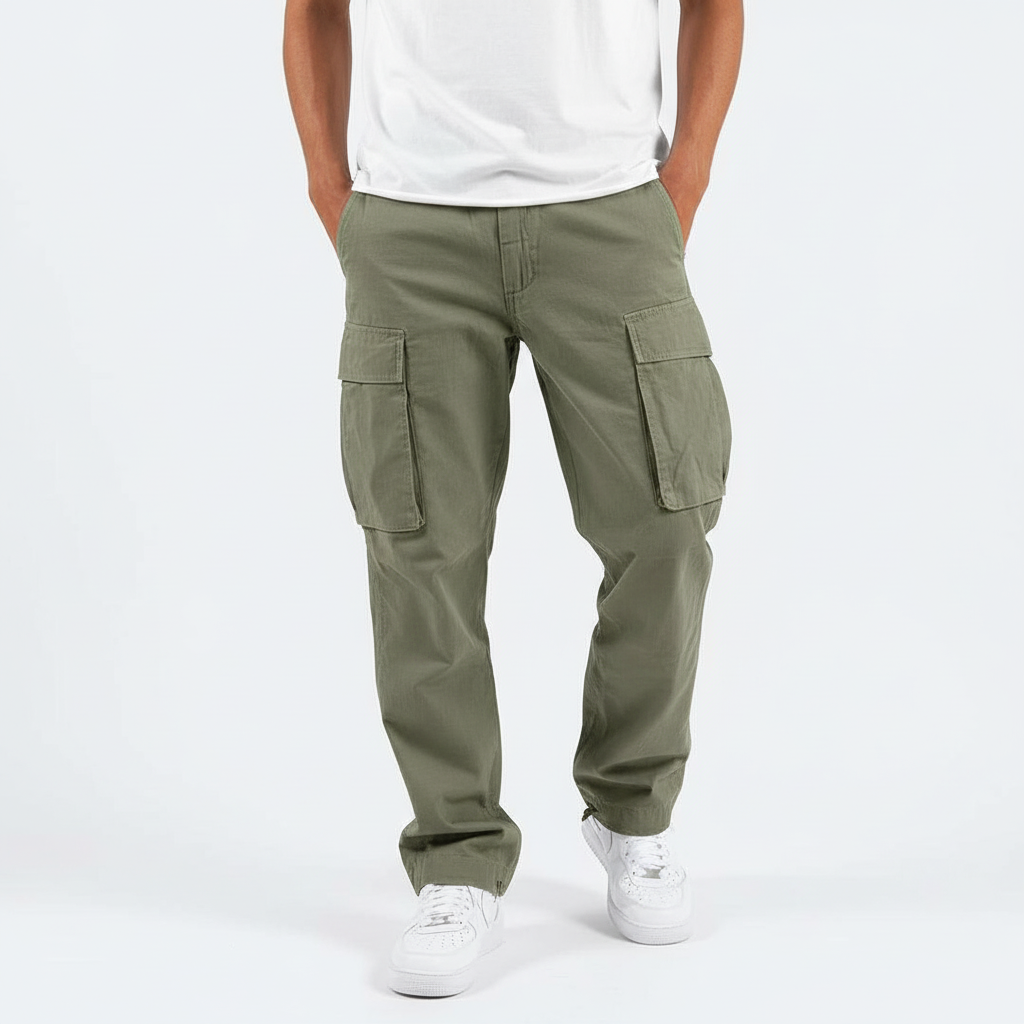 Men's Relaxed-Fit Cotton Cargo Trousers - Olive Green