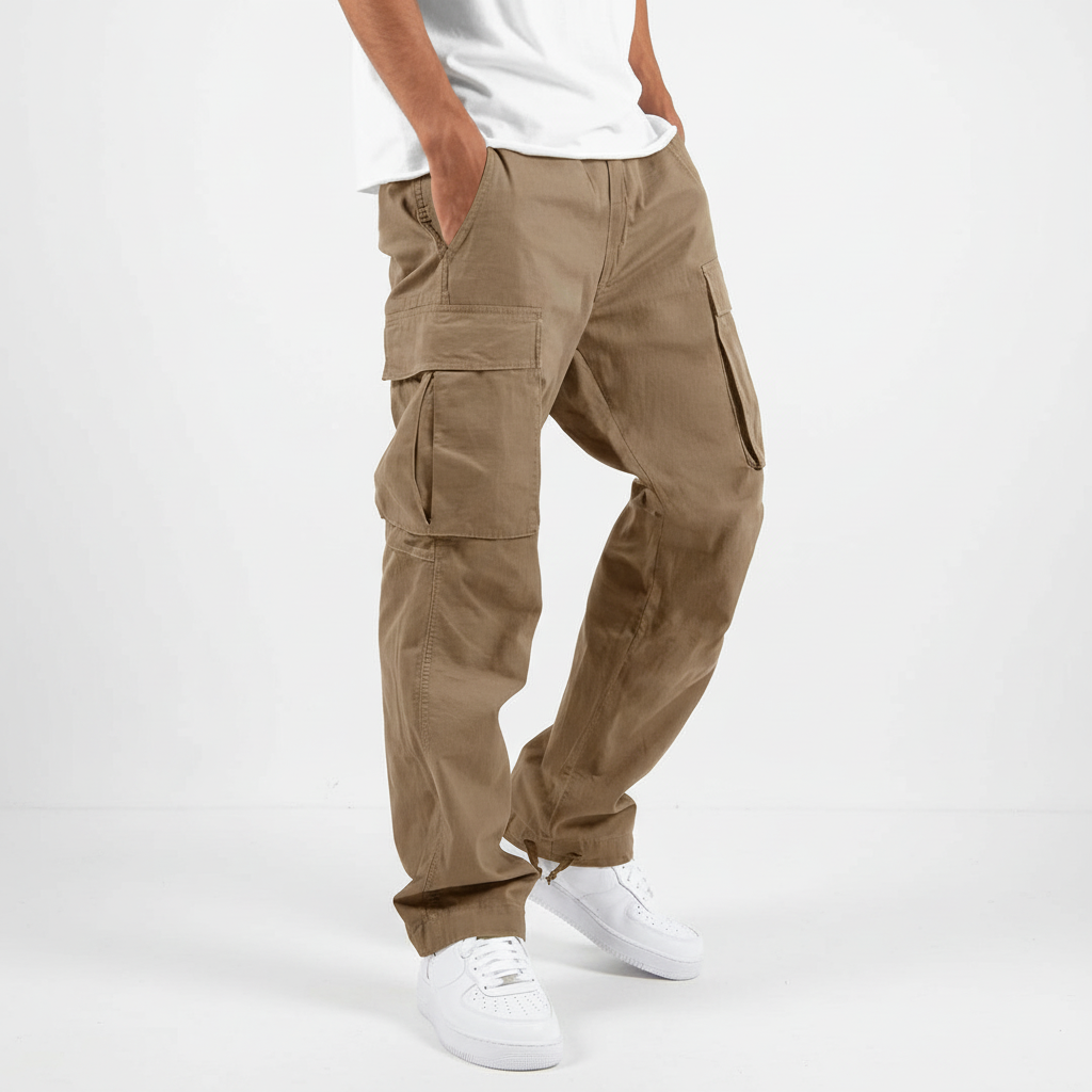 Men's Relaxed-Fit Cotton Cargo Trousers - Khaki