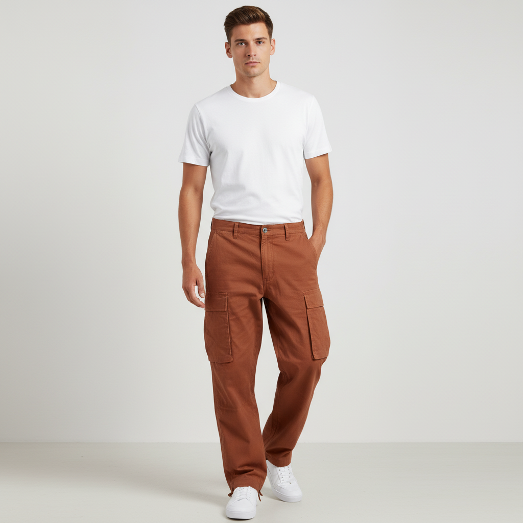 Men's Relaxed-Fit Cotton Cargo Trousers - Brown