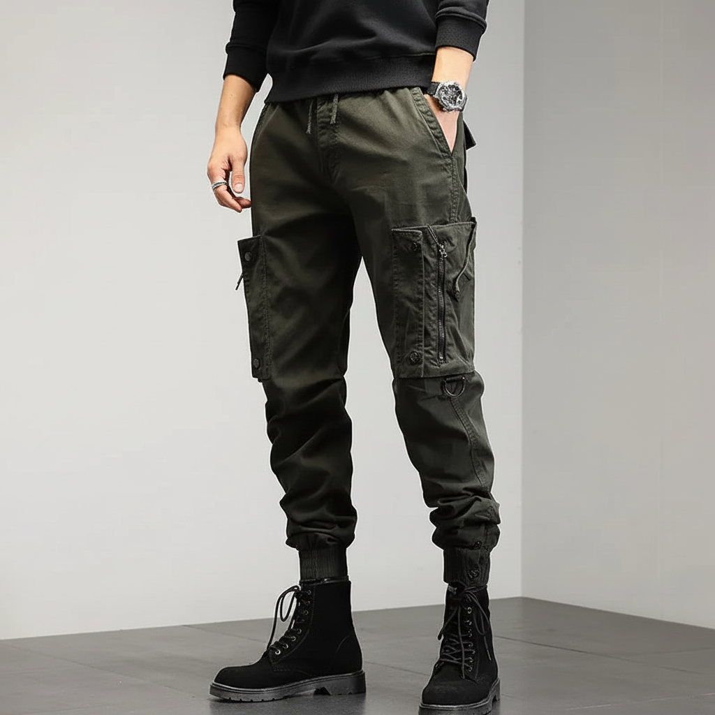 Men's Slim-Fit Cargo Trousers - Olive Green