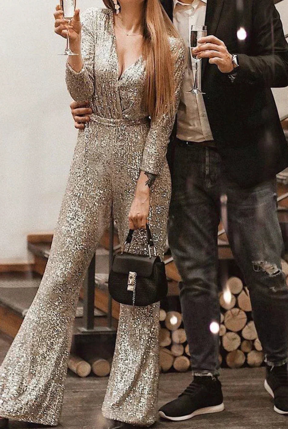 Women's Sequin Jumpsuit - Beige
