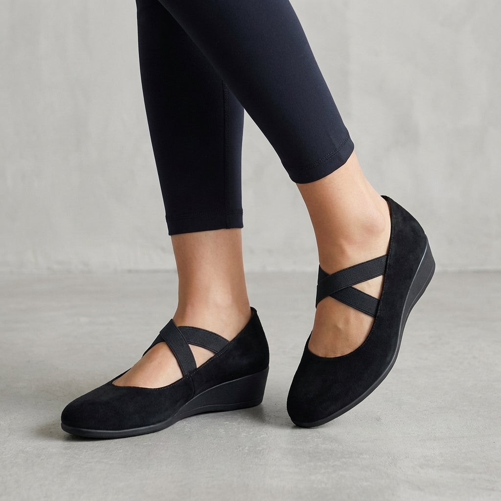 Women's Orthopedic Criss-Cross Strap Wedge Flats - Black