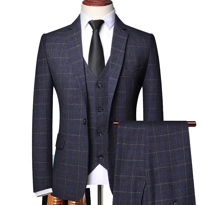 Men's Checked Three Piece Tailored Formal Suit Set - Navy Blue