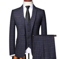 Men's Checked Three Piece Tailored Formal Suit Set - Navy Blue