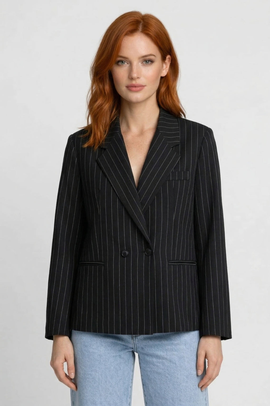 Women's Oversized Pinstripe Double-Breasted Blazer - Black
