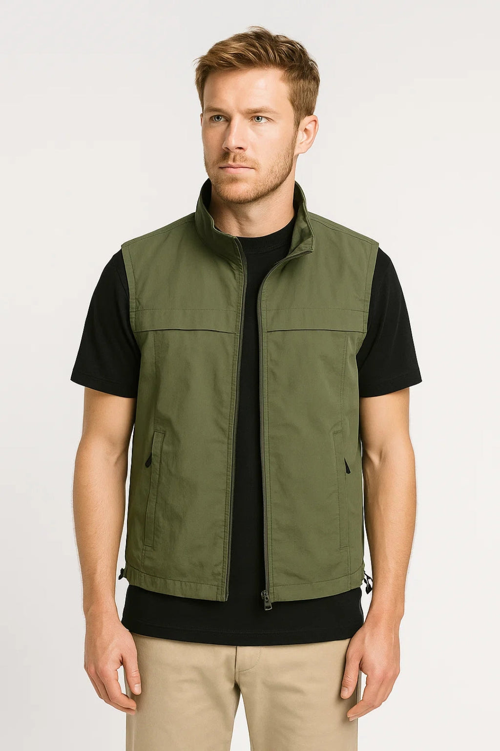 Men's Utility Vest with Stand Collar and Zip Pockets
