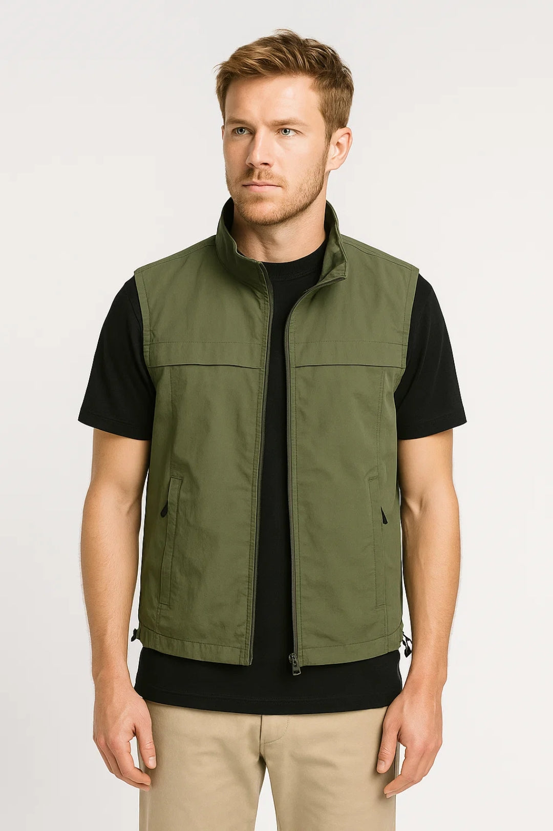 Men's Utility Vest with Stand Collar and Zip Pockets