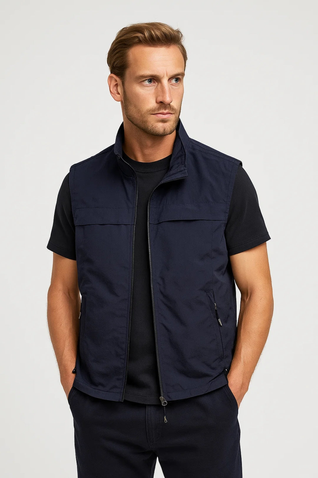 Men's Utility Vest with Stand Collar and Zip Pockets