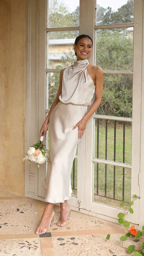 Women's Satin Halter Cocktail Midi Dress