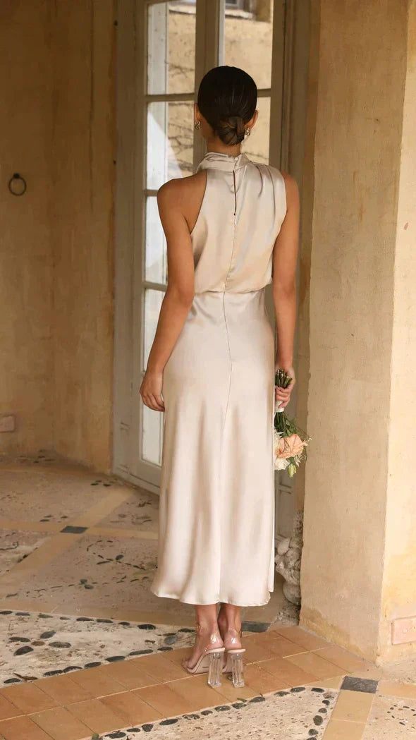 Women's Satin Halter Cocktail Midi Dress