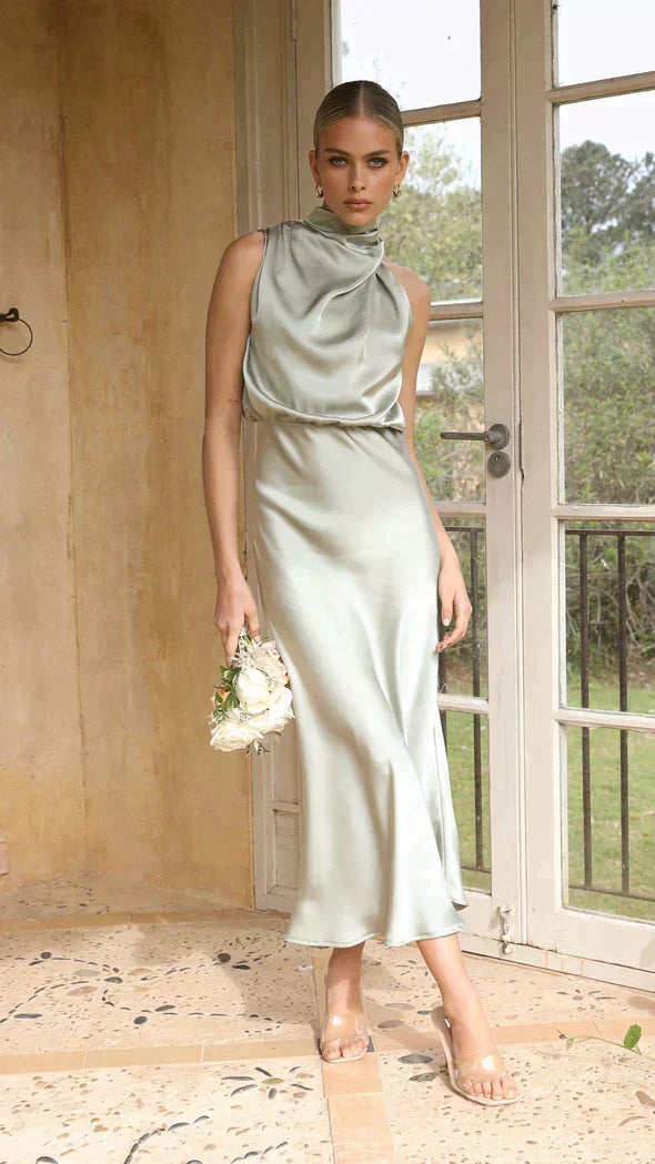 Women's Satin Halter Cocktail Midi Dress