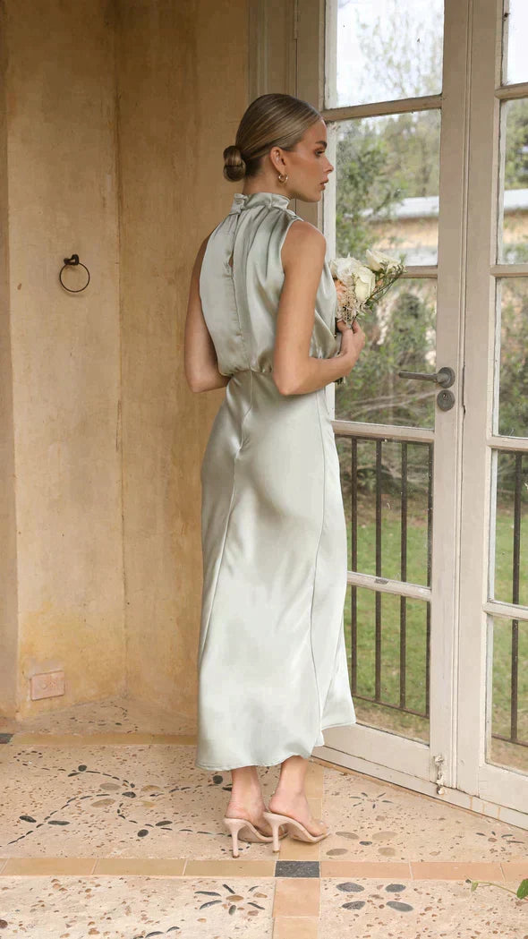 Women's Satin Halter Cocktail Midi Dress