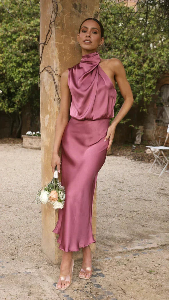 Women's Satin Halter Cocktail Midi Dress