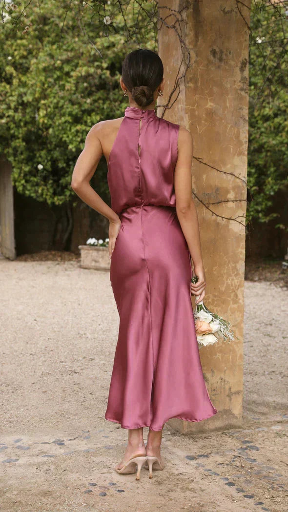 Women's Satin Halter Cocktail Midi Dress
