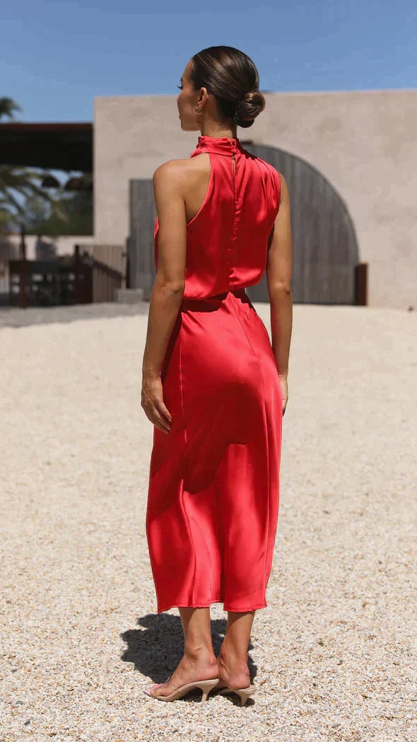Women's Satin Halter Cocktail Midi Dress