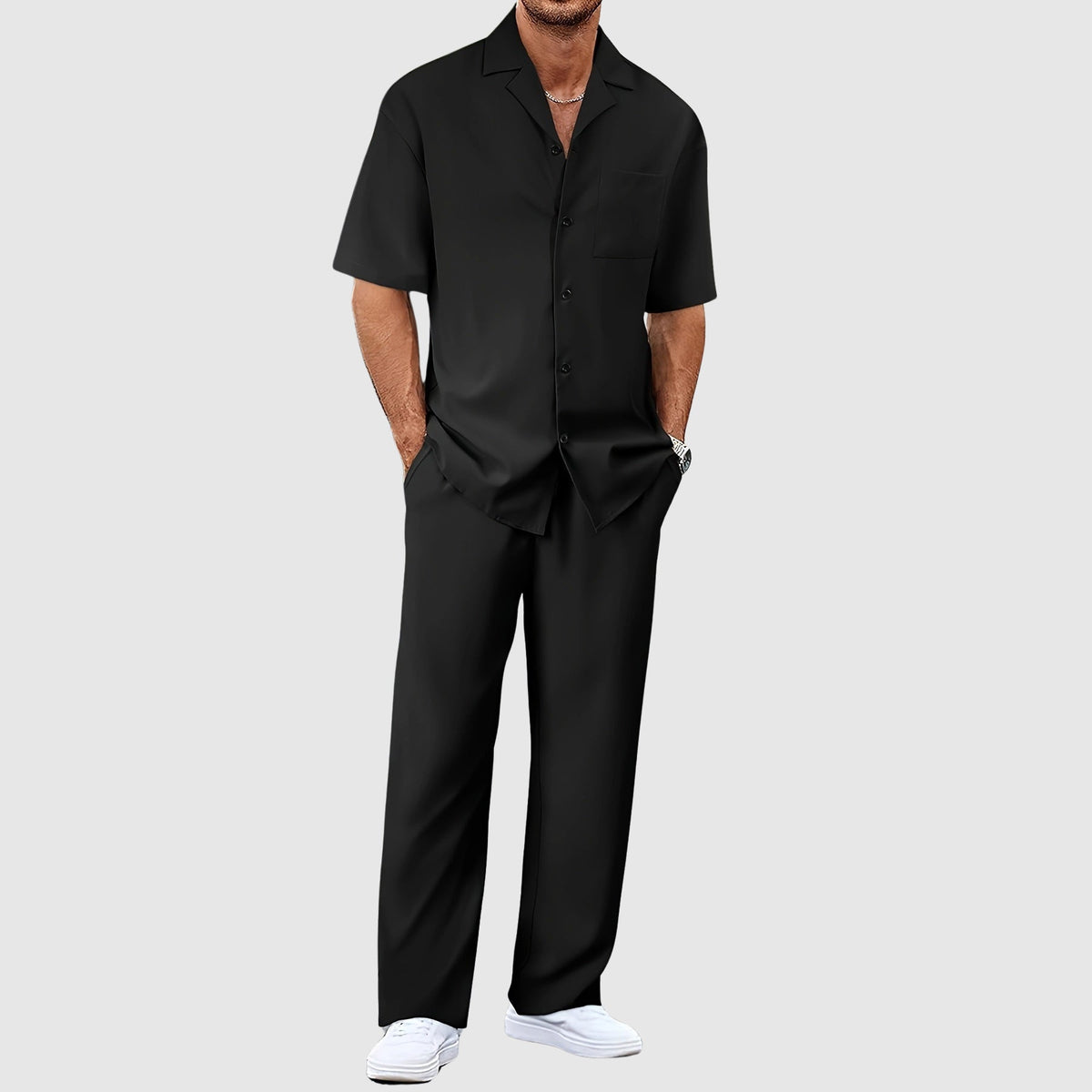 Men's Revere Collar Shirt and Straight-Leg Pants Set - Black