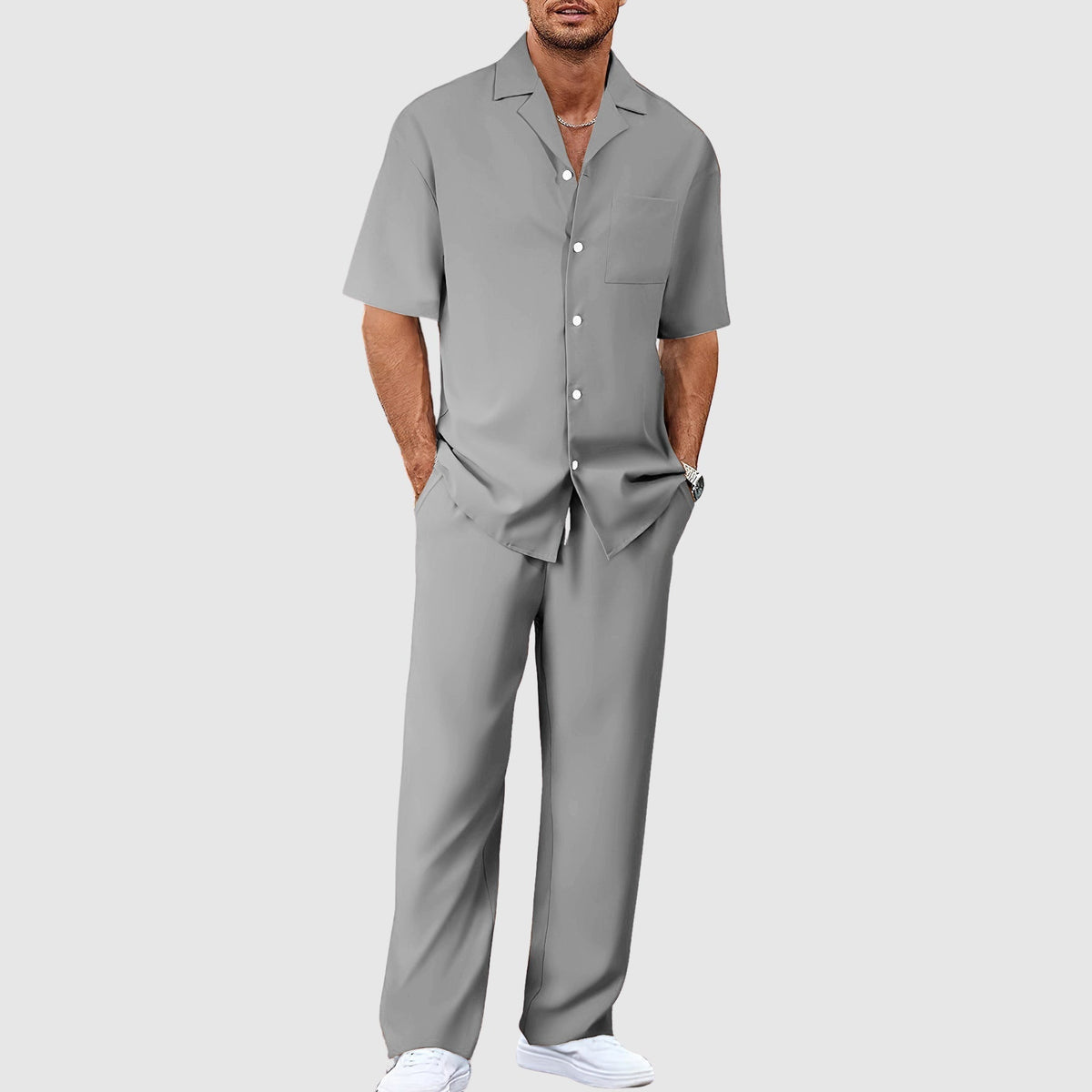 Men's Revere Collar Shirt and Straight-Leg Pants Set - Gray