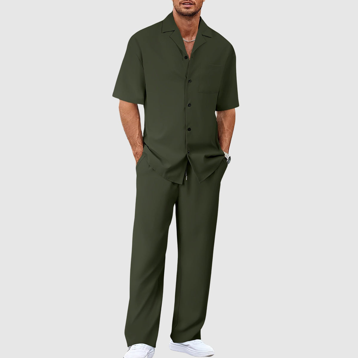 Men's Revere Collar Shirt and Straight-Leg Pants Set - Green